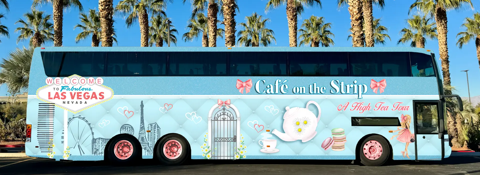 The Café on the Strip Tiffany-blue high tea tour bus