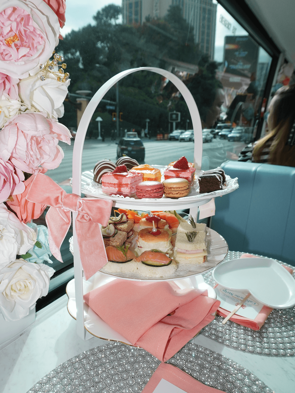 The three-tier platter with the Strip through the window